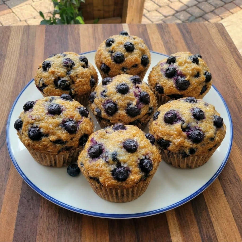 Bakery style blueberry muffins on a white ceramic dessert plate with a blue rim