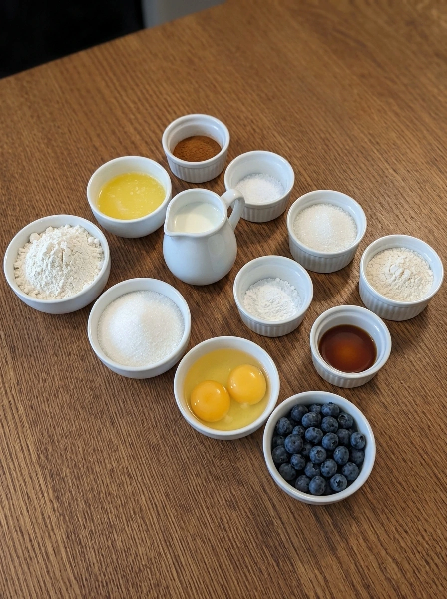 Measured ingredients for bakery style blueberry muffins in separate white ceramic bowls and ramekins