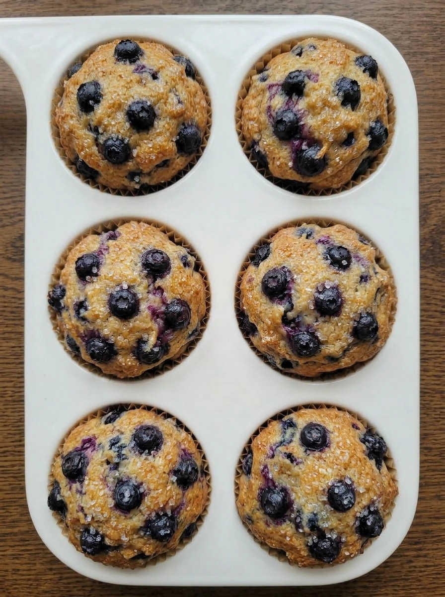 Finished blueberry muffins cooling in a lined muffin pan