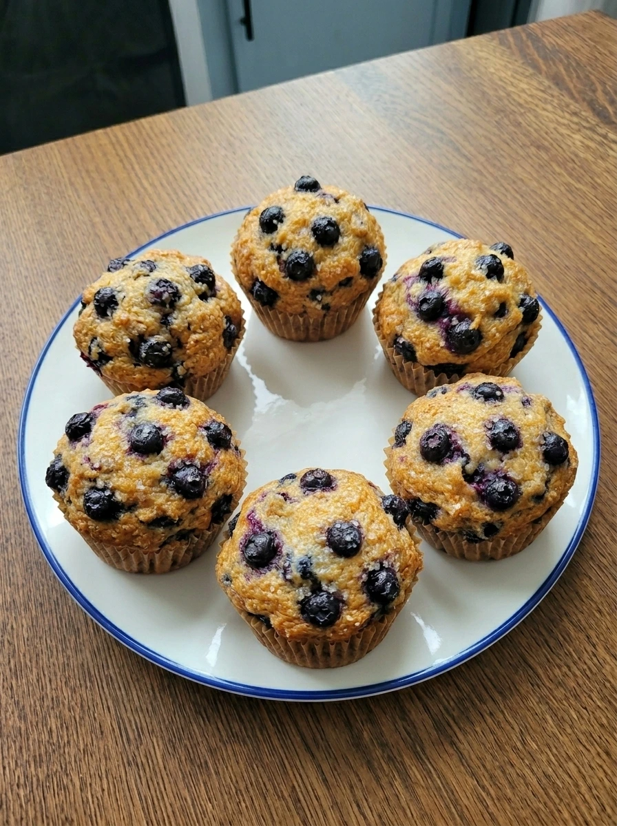 Bakery style blueberry muffins plated and ready to serve