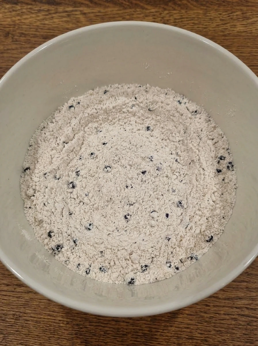 Whisked dry ingredients in a white ceramic bowl for blueberry muffin batter