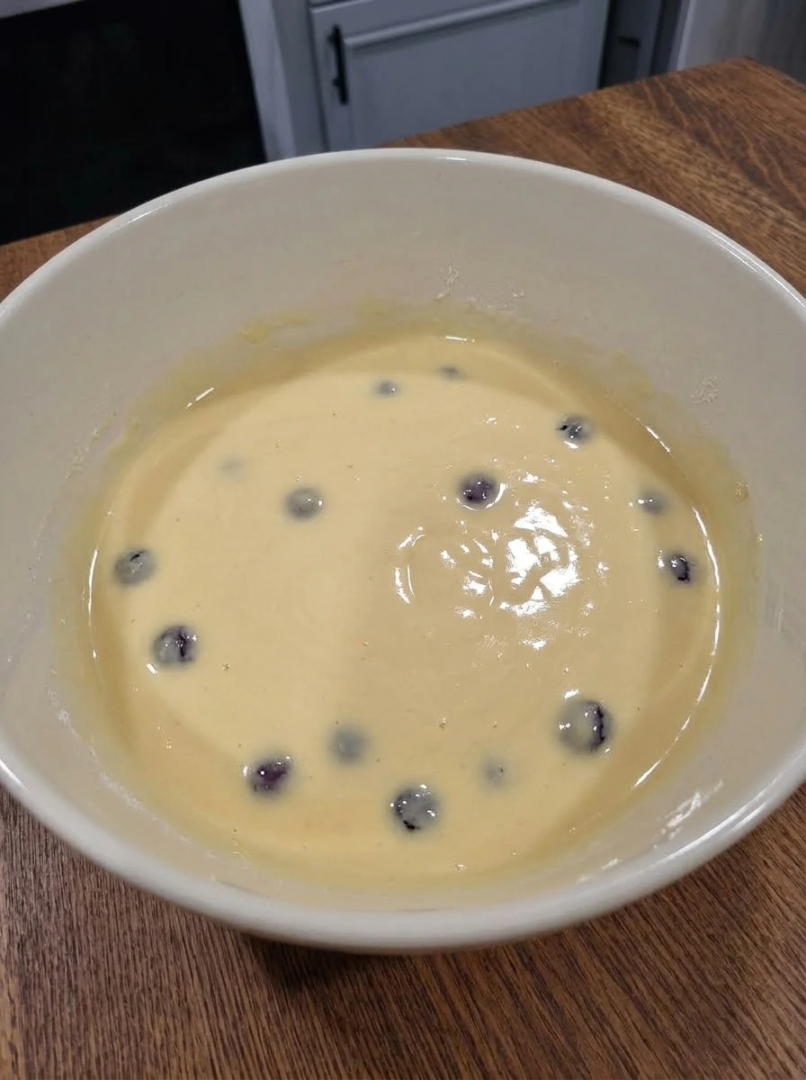 Wet ingredients whisked smooth in a white ceramic bowl for blueberry muffins