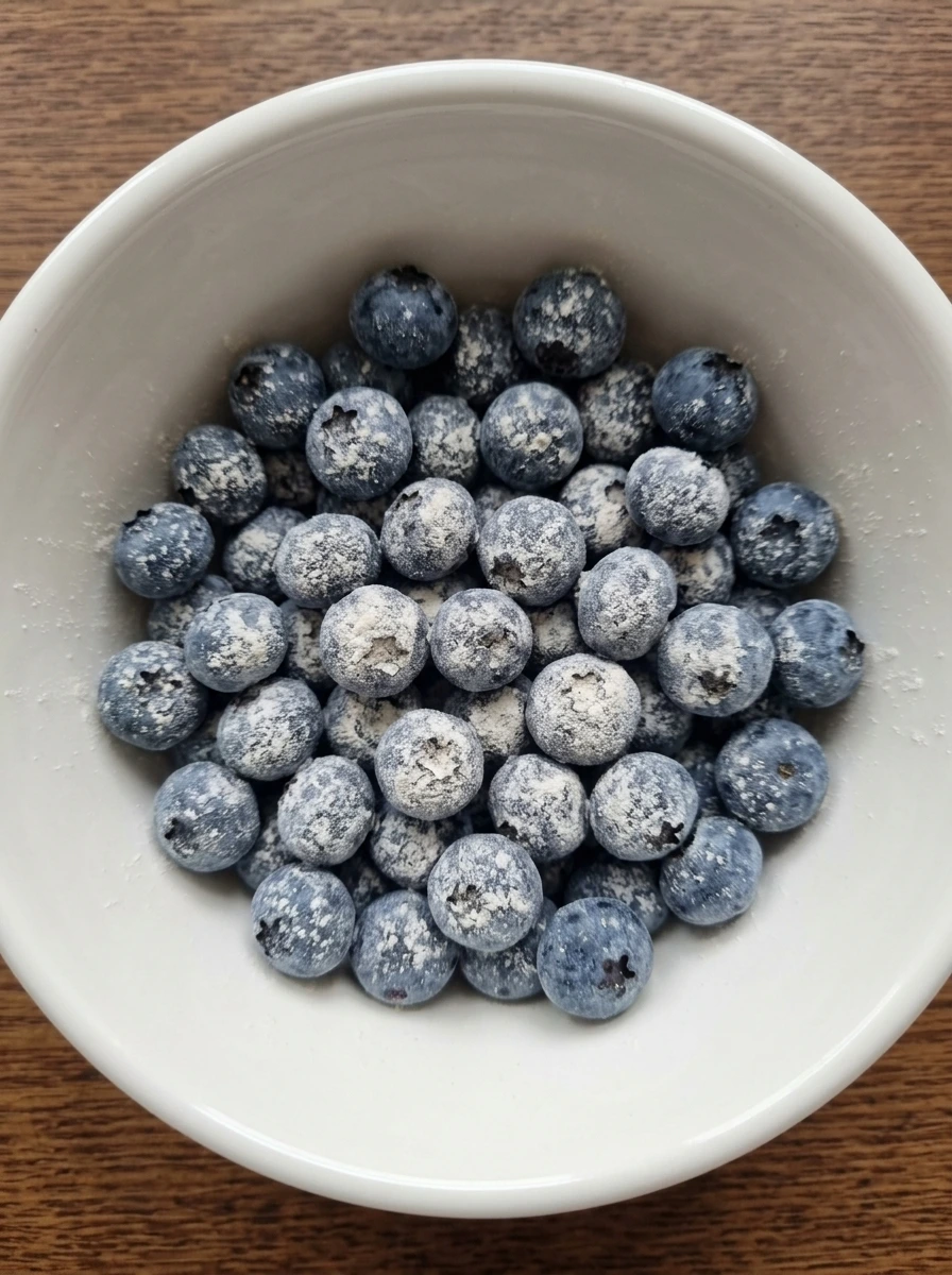 Fresh blueberries coated with flour in a white ceramic bowl