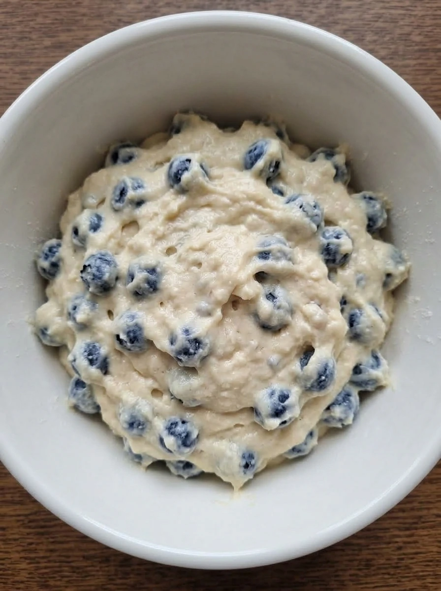 Thick muffin batter in a white ceramic bowl before adding blueberries