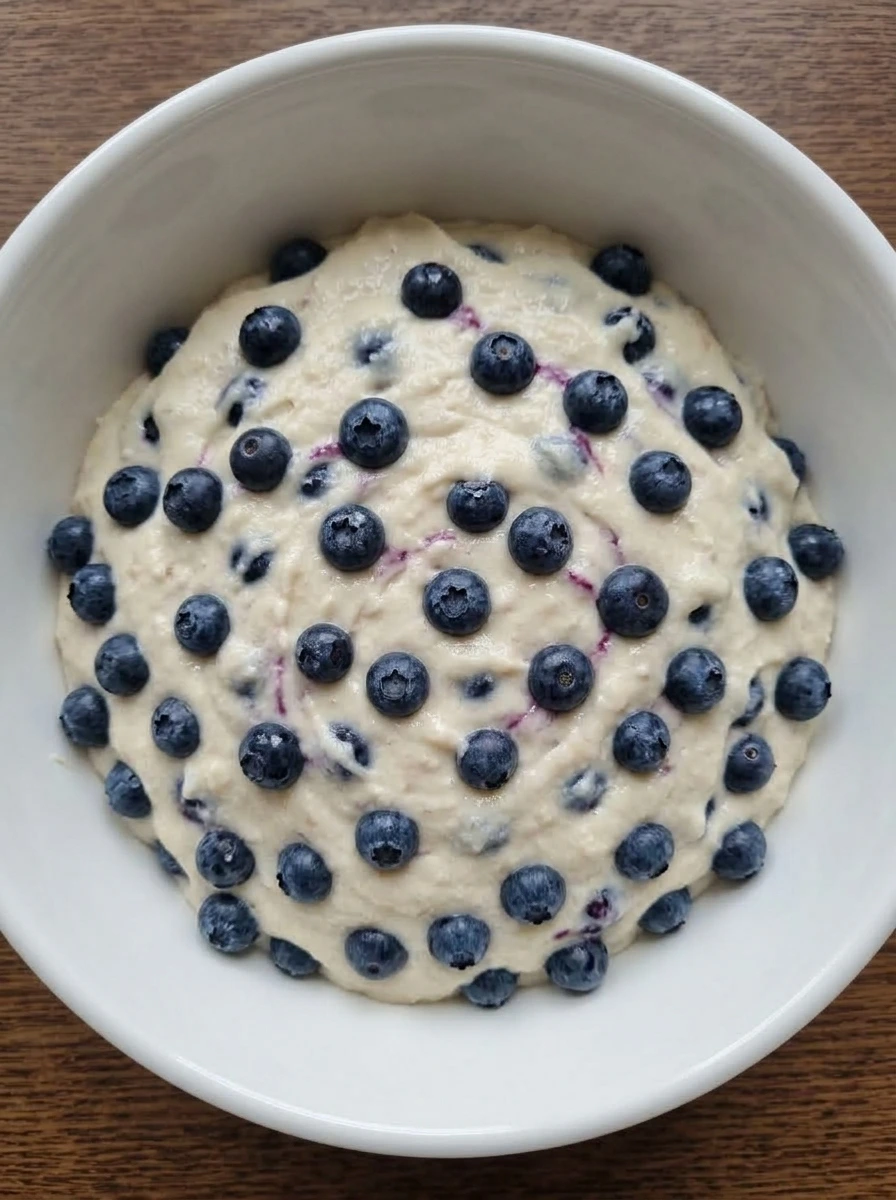 Blueberries folded into thick muffin batter in a white ceramic bowl