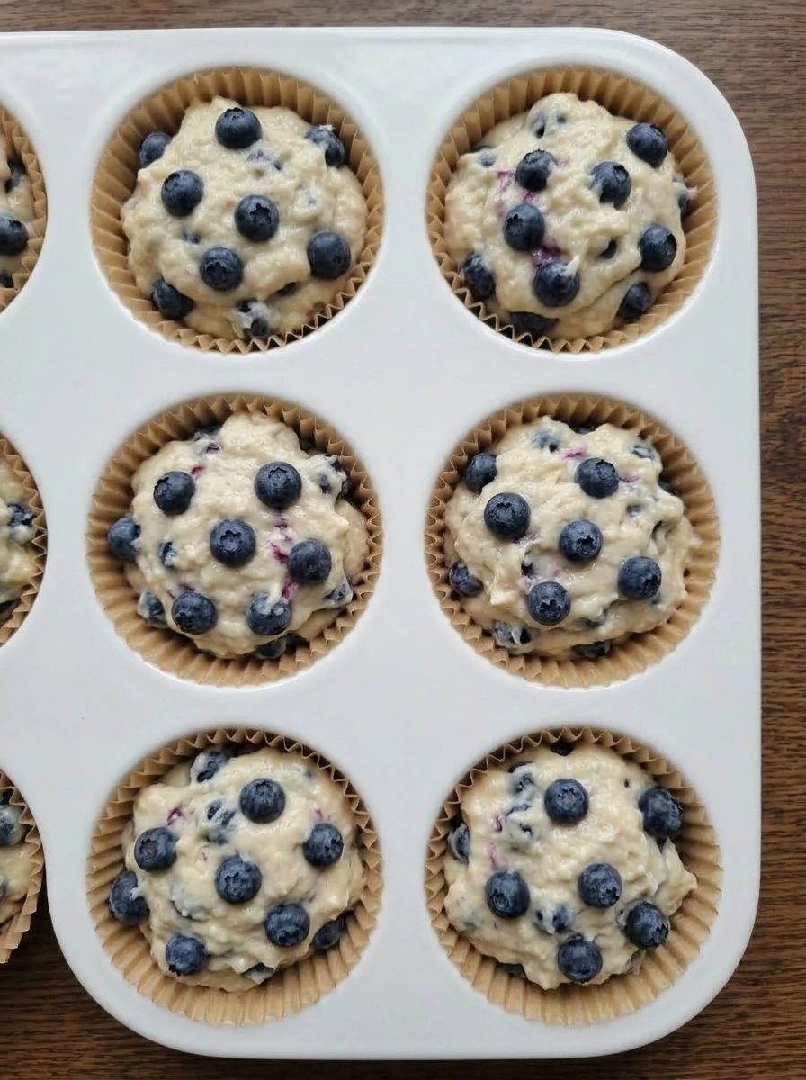 Blueberry muffin batter portioned into lined muffin cups