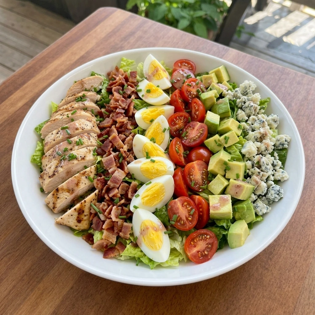 Classic Cobb Salad on a white ceramic rimmed salad plate