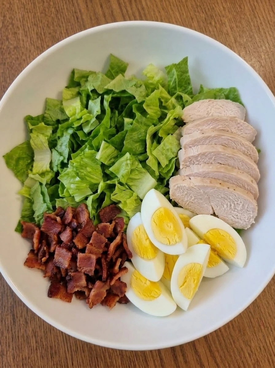 Cooked chicken, eggs, and bacon prepared over romaine in a white bowl