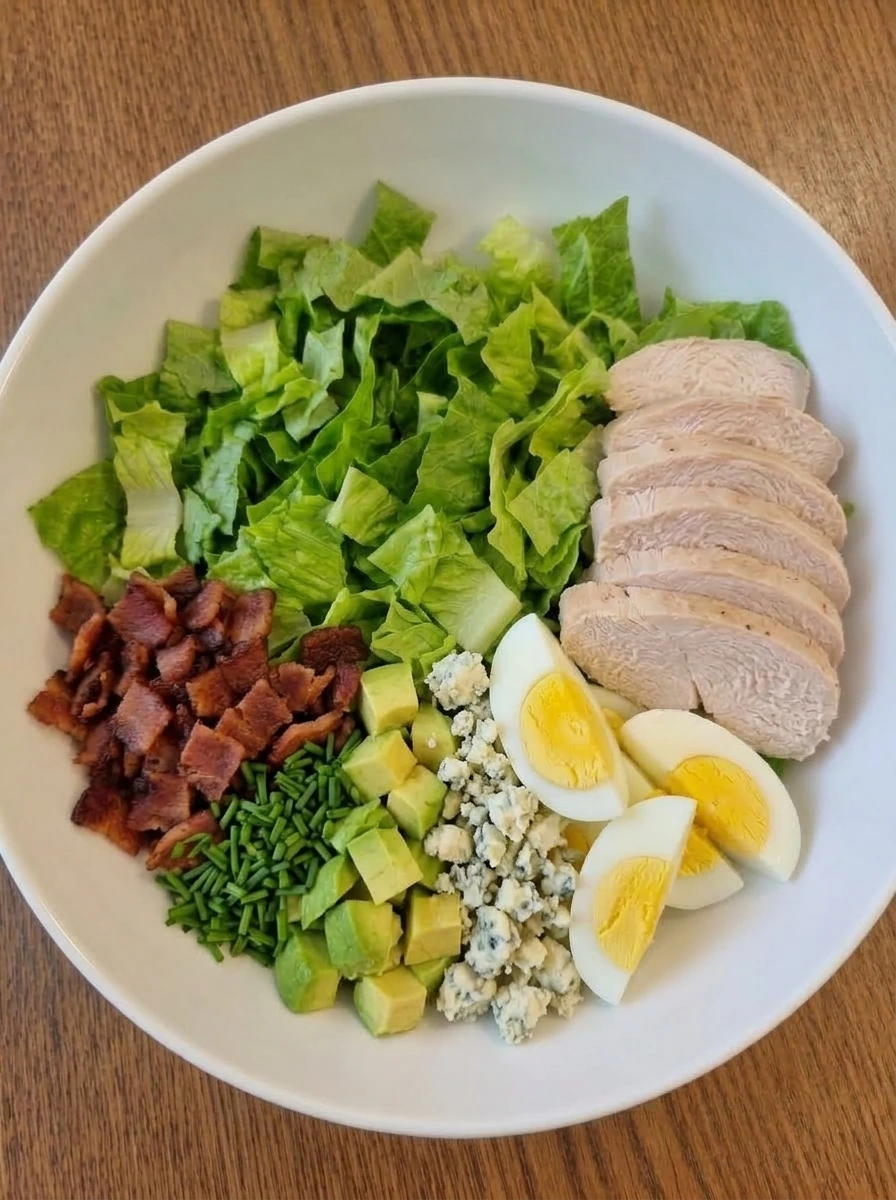 Avocado, blue cheese, and chives added to Cobb Salad toppings in a white bowl