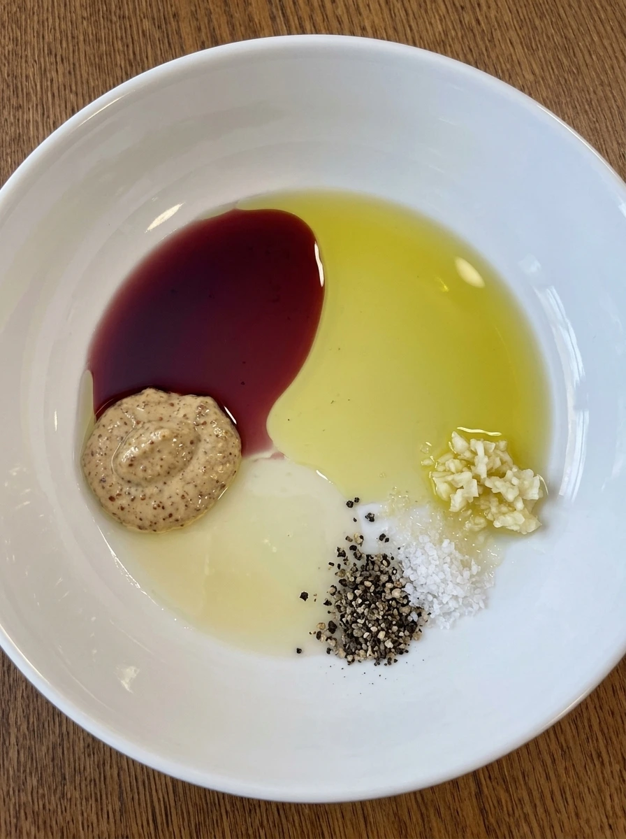 Measured vinaigrette ingredients in a white bowl before whisking