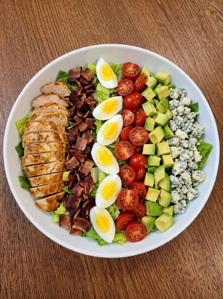 Classic Cobb Salad toppings arranged in rows over romaine in a white bowl