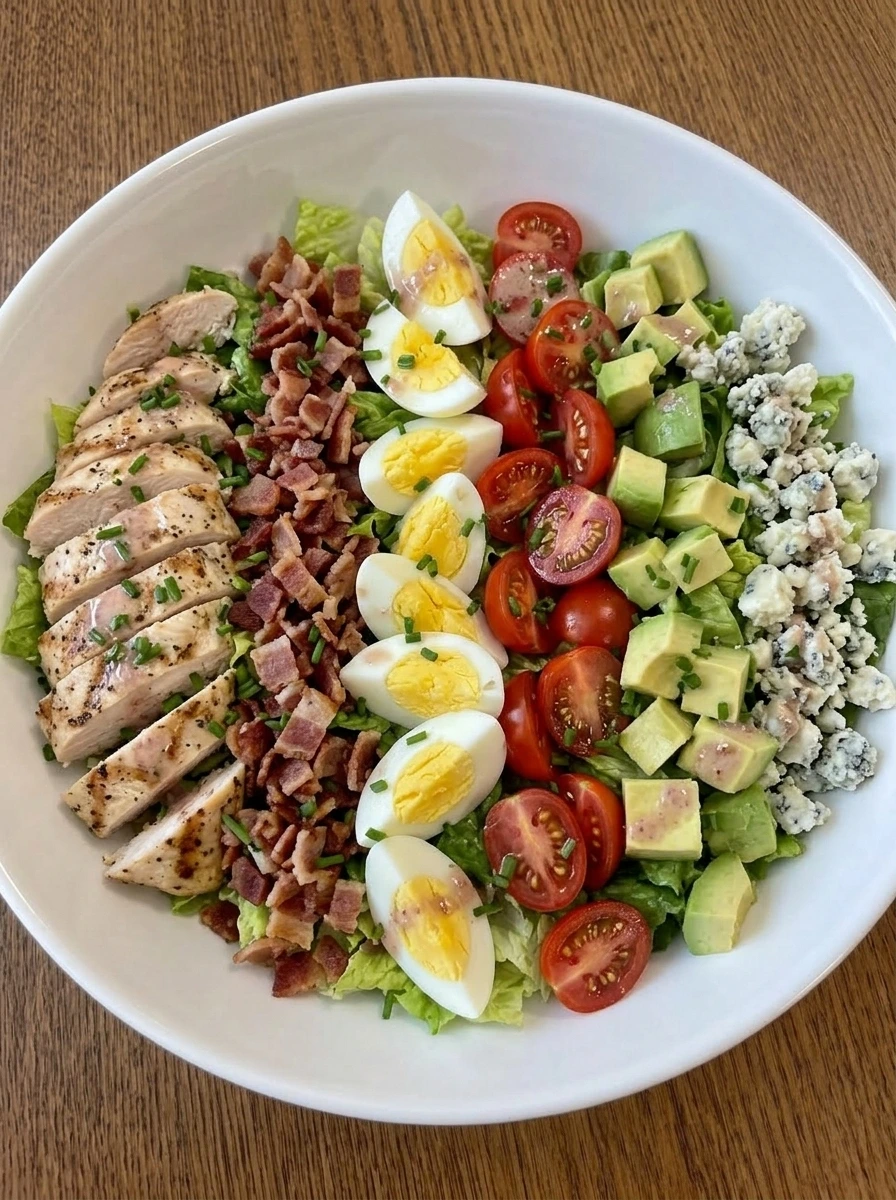 Finished Classic Cobb Salad dressed and ready to serve in a white bowl