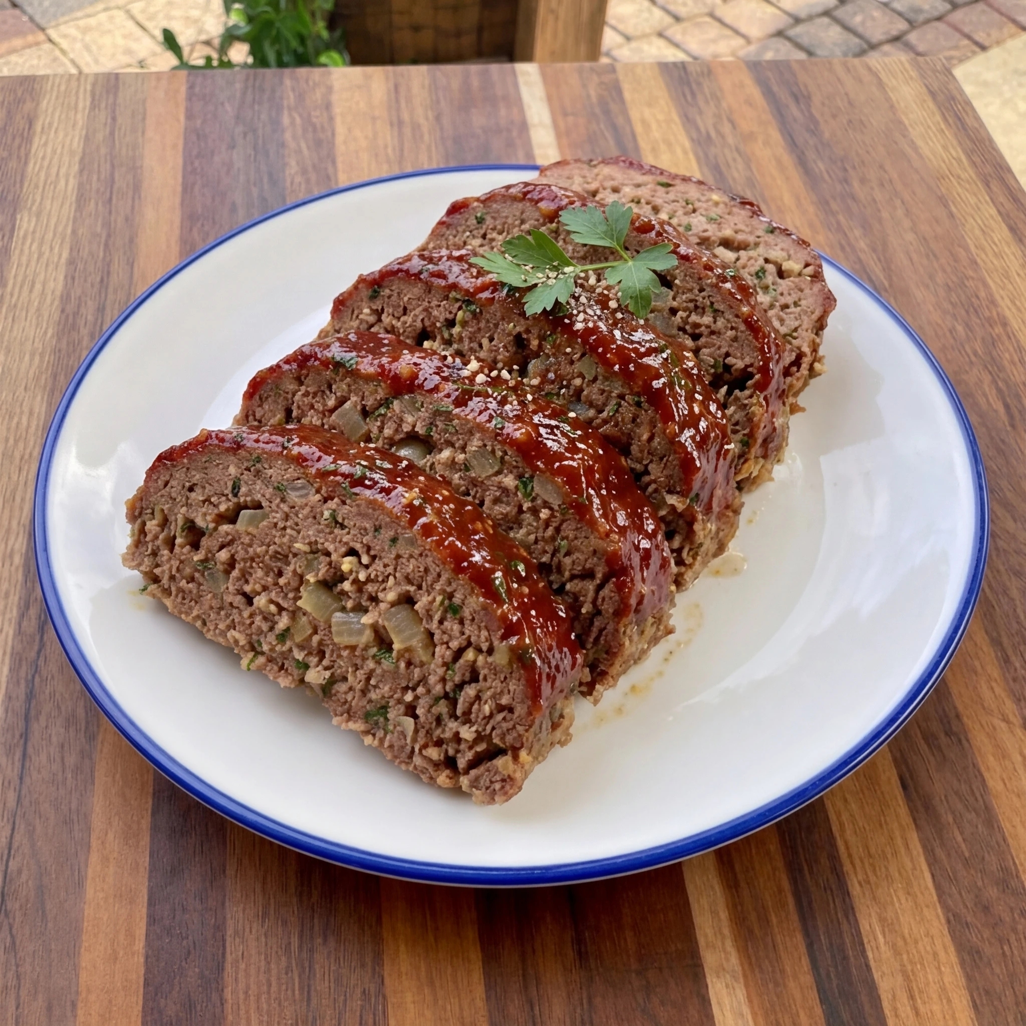 Classic homemade meatloaf sliced and glazed on a white ceramic plate