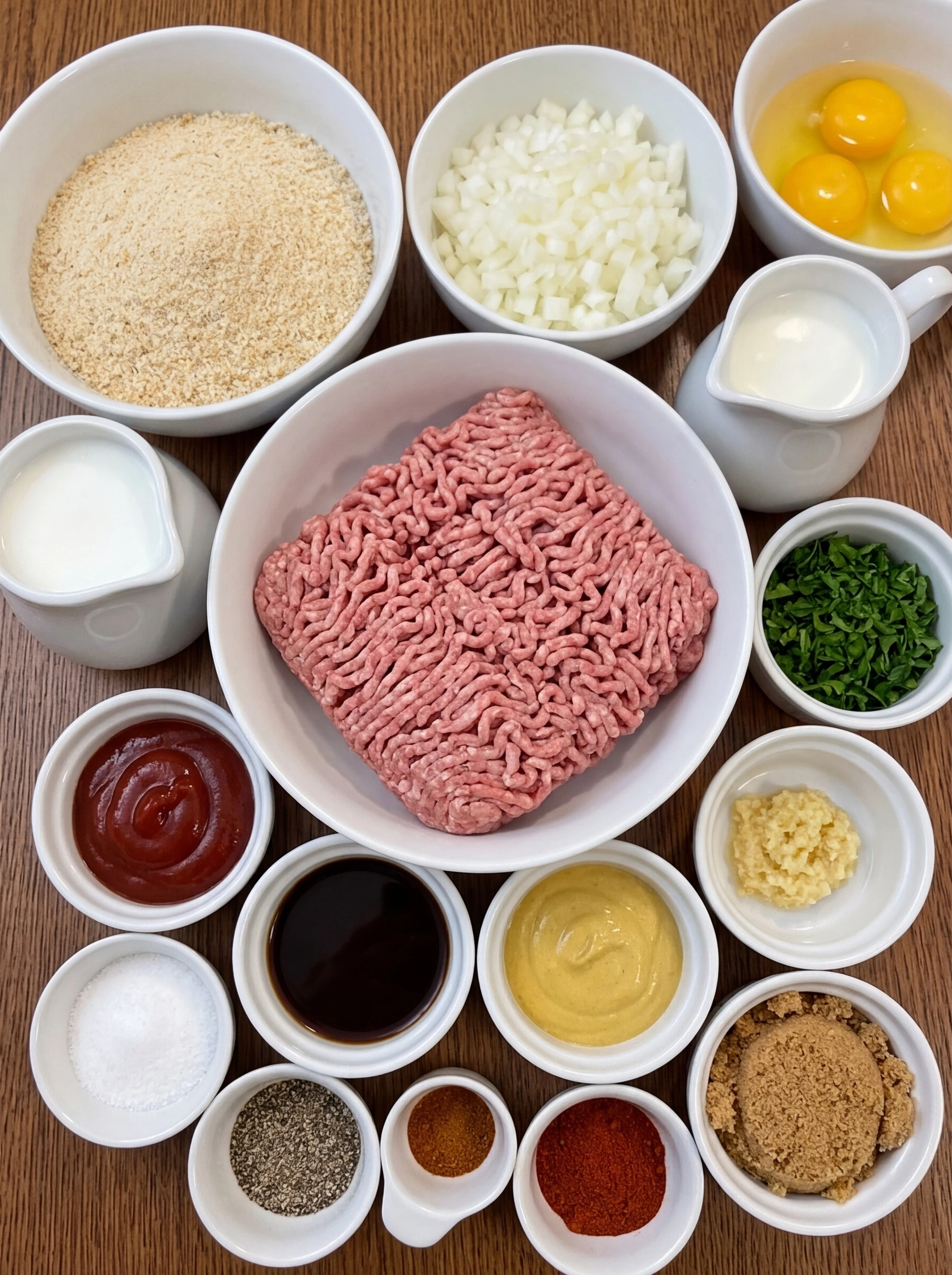 Prepared ingredients for meatloaf in white ceramic bowls