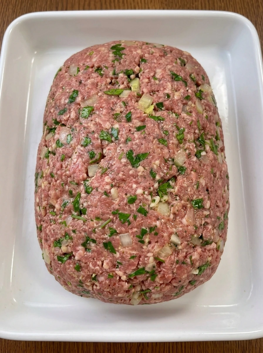 Raw shaped meatloaf on a white ceramic tray