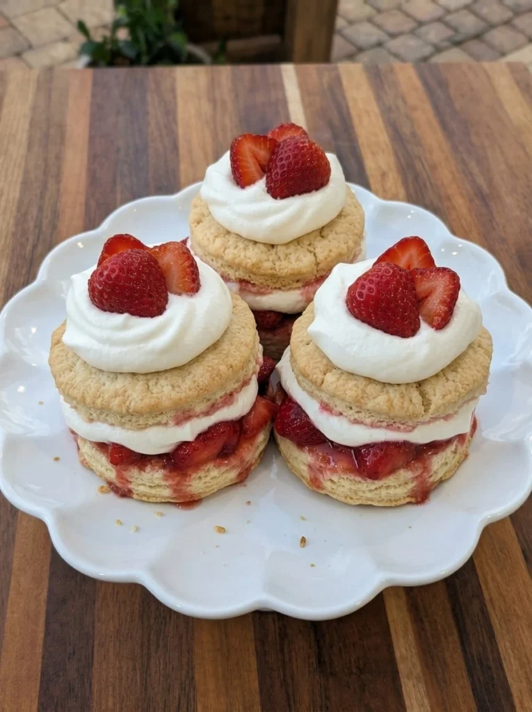 Classic strawberry shortcake served on a white scalloped dessert plate