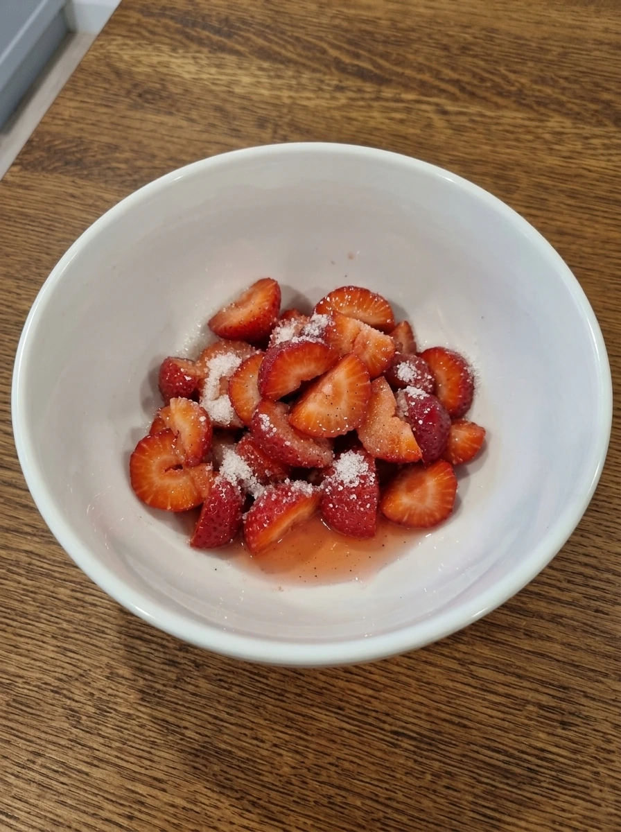 Sliced strawberries tossed with sugar in a white ceramic mixing bowl