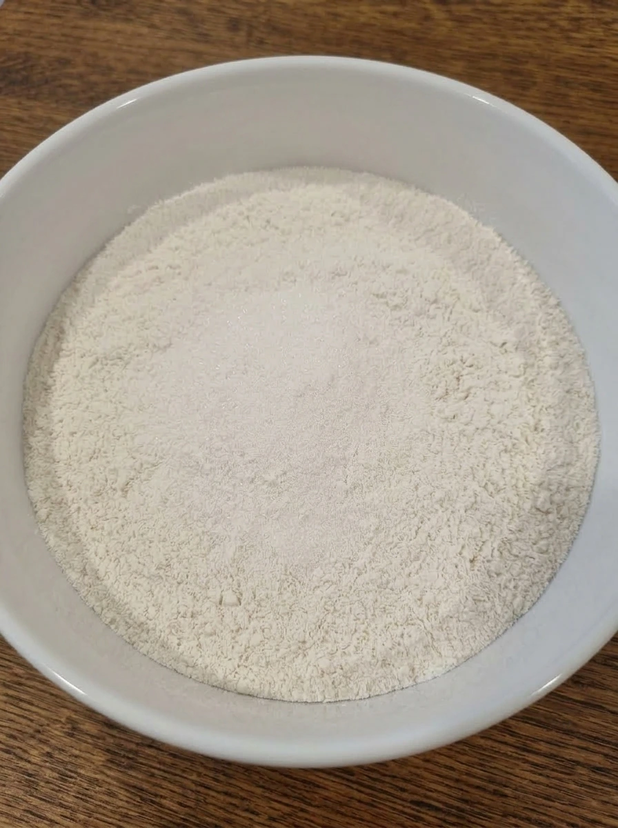 Dry ingredients mixed in a white ceramic mixing bowl