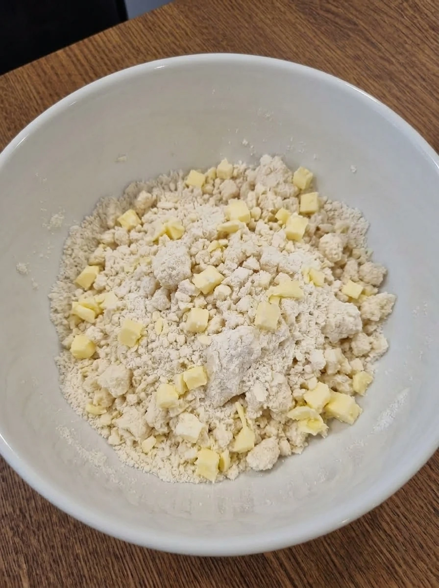 Butter worked into flour mixture for shortcake dough