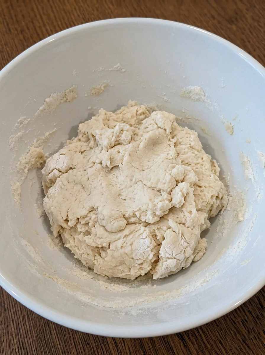 Shaggy shortcake dough in a white ceramic mixing bowl