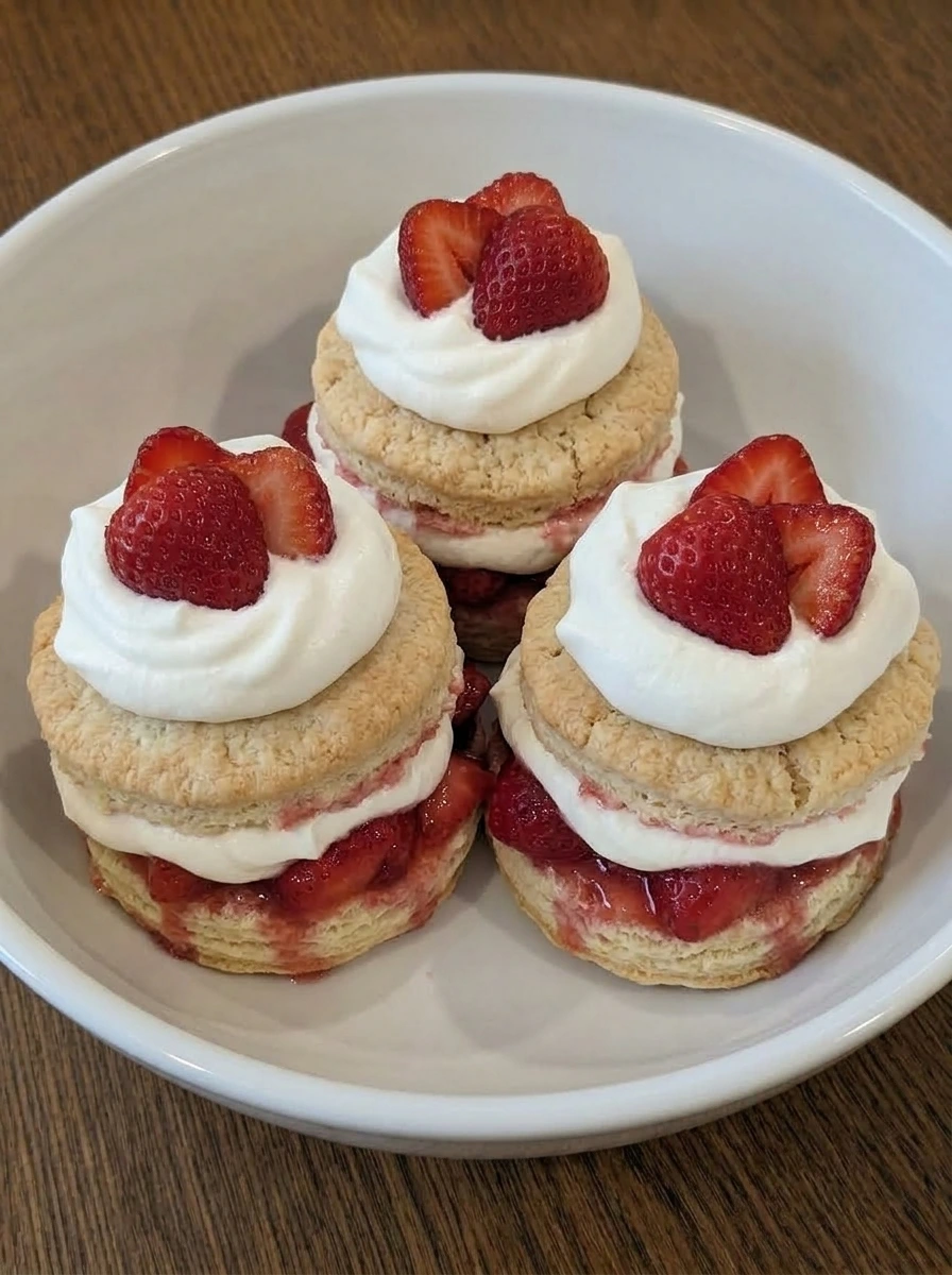 Assembled classic strawberry shortcake ready to serve