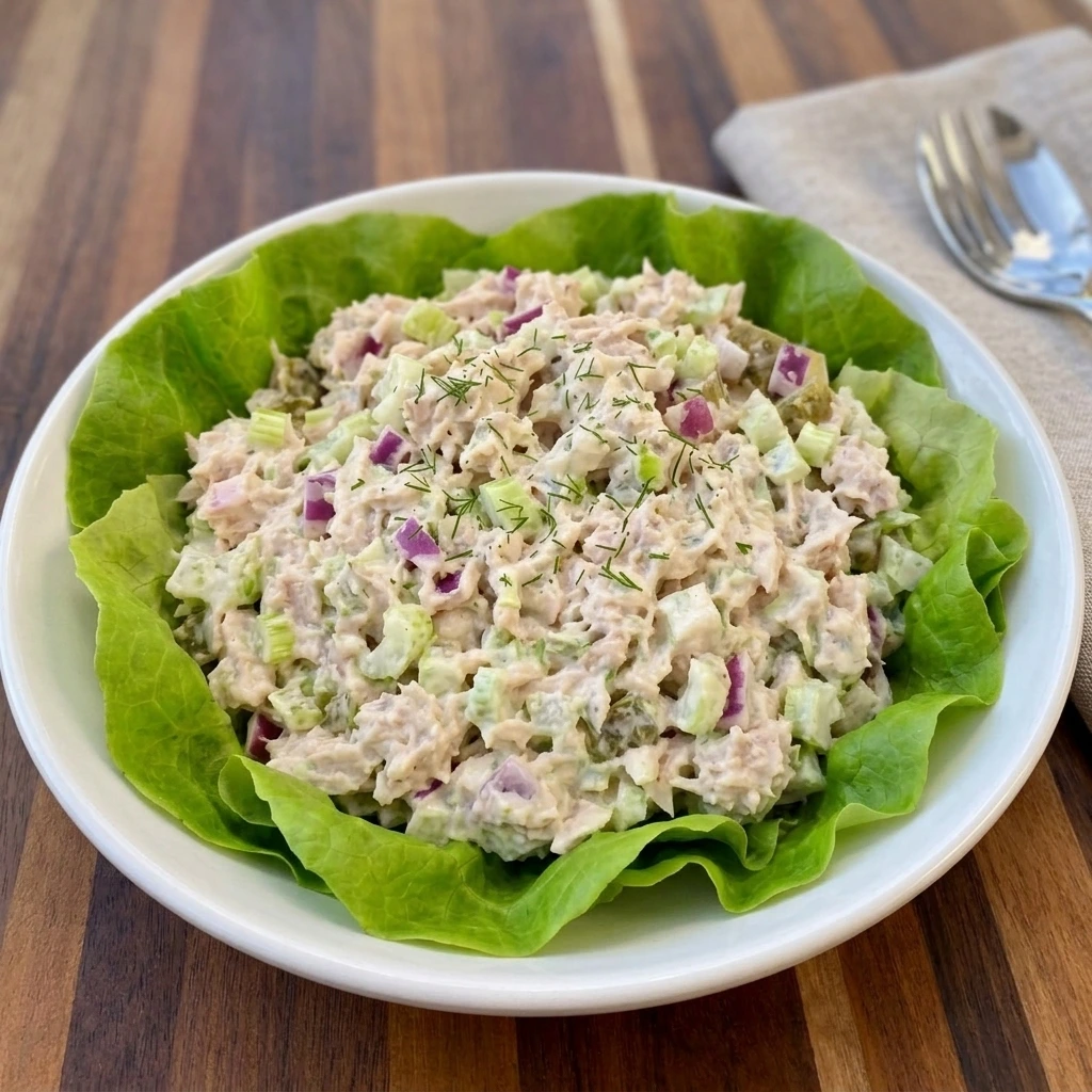 Creamy tuna salad served on a white stoneware plate with lettuce and dill