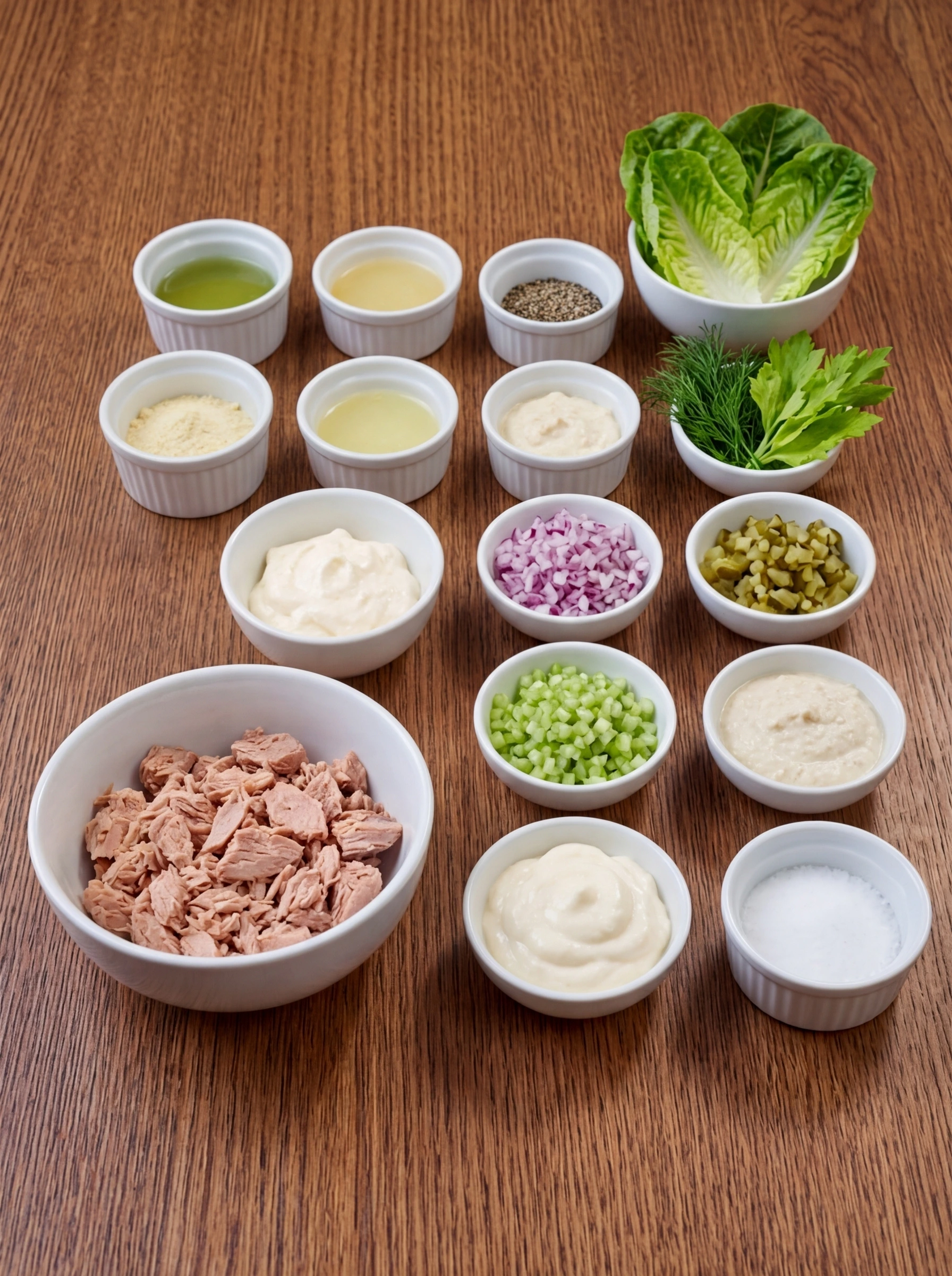 Raw ingredients for creamy tuna salad separated into white ceramic bowls and ramekins