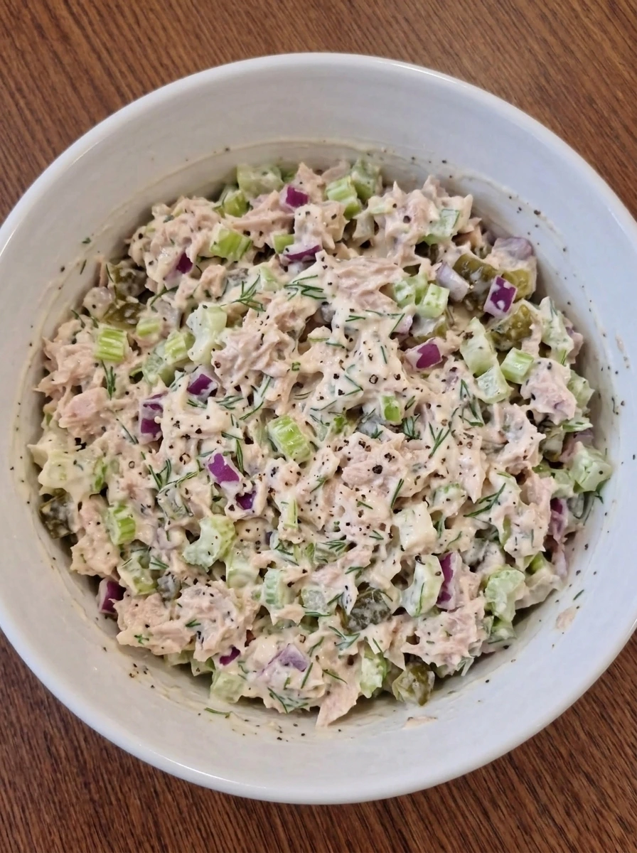 Creamy tuna salad mixed together in a white ceramic bowl