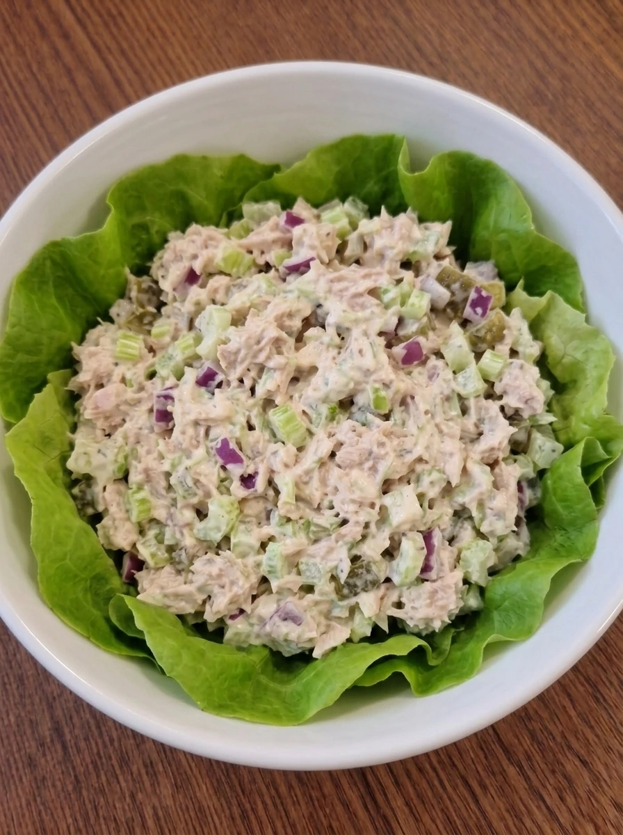 Creamy tuna salad spooned over lettuce in a white ceramic bowl