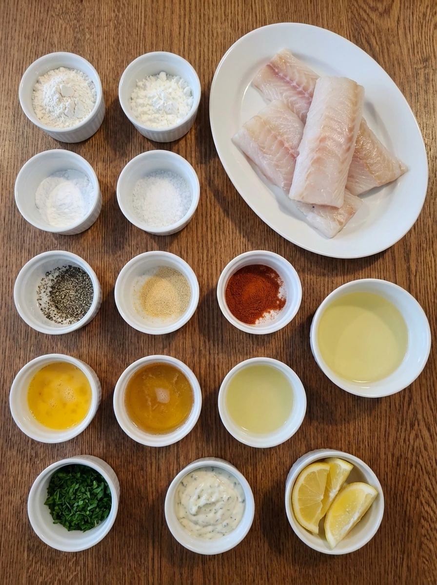 Measured ingredients for crispy beer battered fish arranged separately in white ceramic containers