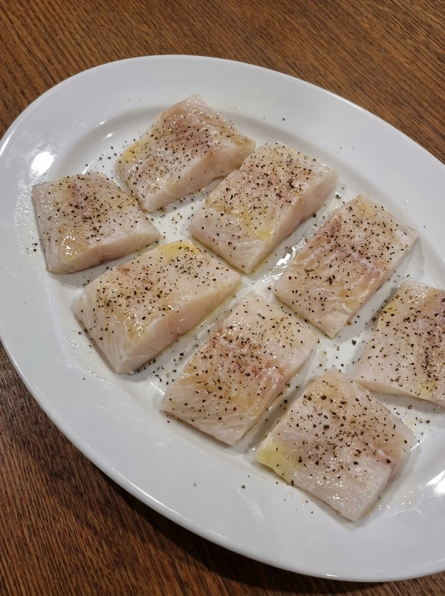 Raw seasoned cod pieces arranged on a white oval ceramic platter