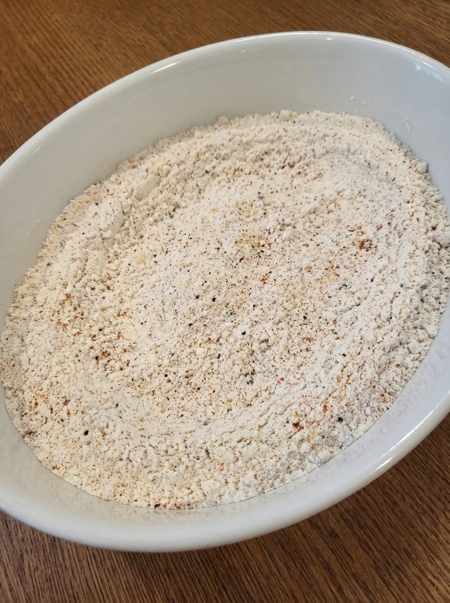 Dry beer batter ingredients whisked together in a white oval ceramic bowl