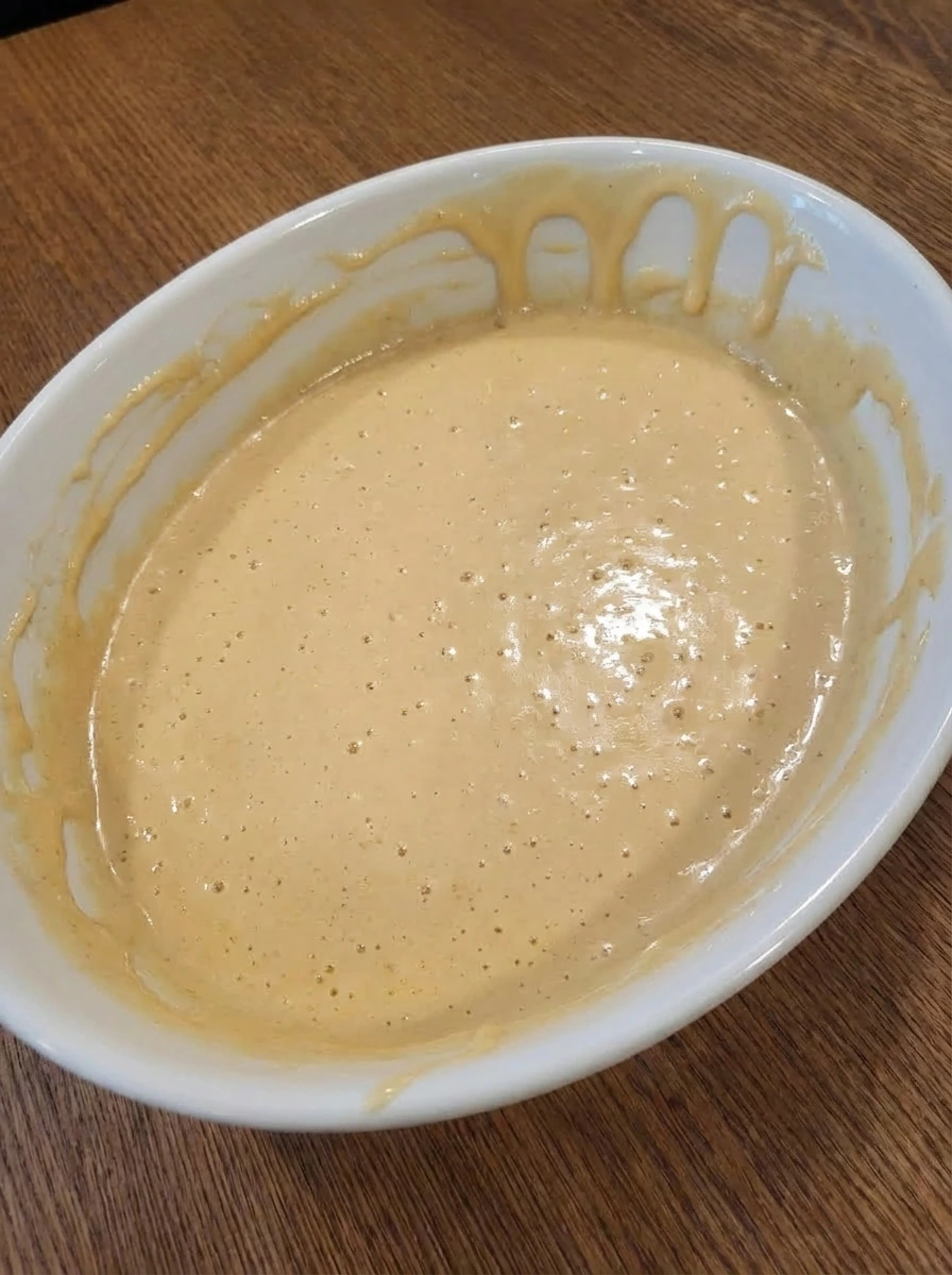 Smooth beer batter in a white oval ceramic bowl ready for fish