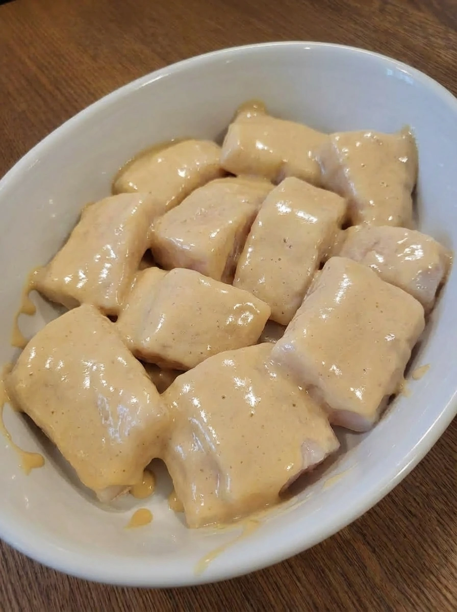 Beer battered fish pieces arranged on a white oval ceramic platter before cooking