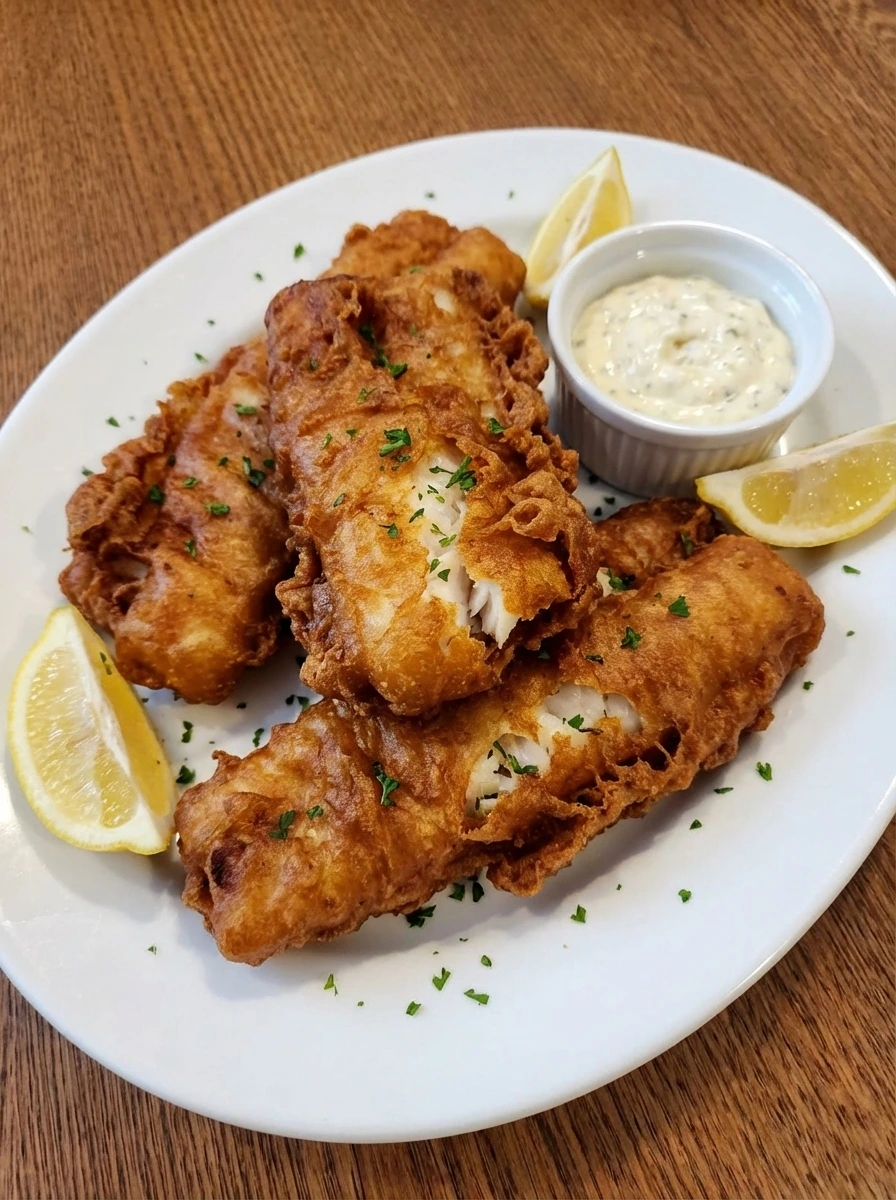 Plated crispy beer battered fish with lemon wedges and tartar sauce