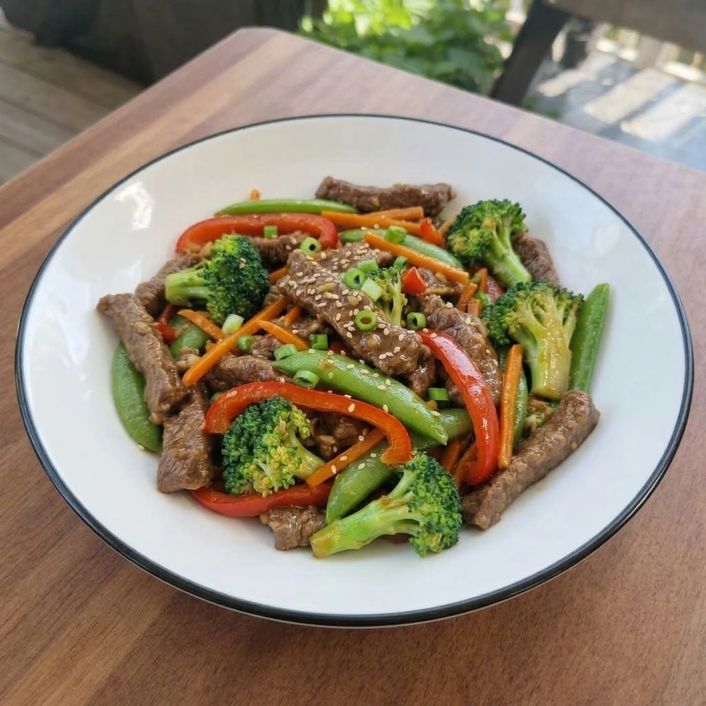 Easy beef stir fry served on a white ceramic plate with vegetables and sauce