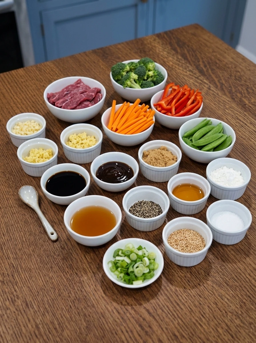 Raw ingredients for easy beef stir fry displayed separately in white bowls