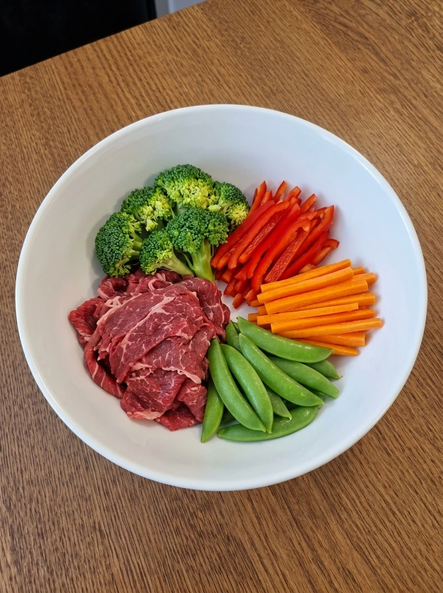Sliced raw beef and vegetables prepared for beef stir fry