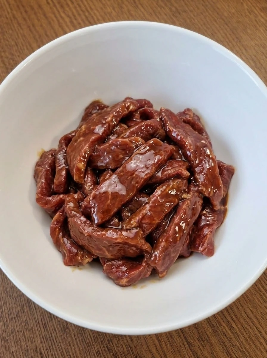 Raw beef coated with sauce and cornstarch in a bowl