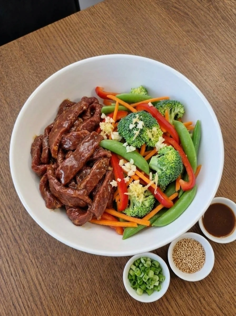 Prepared beef, vegetables, and sauce arranged and ready for cooking