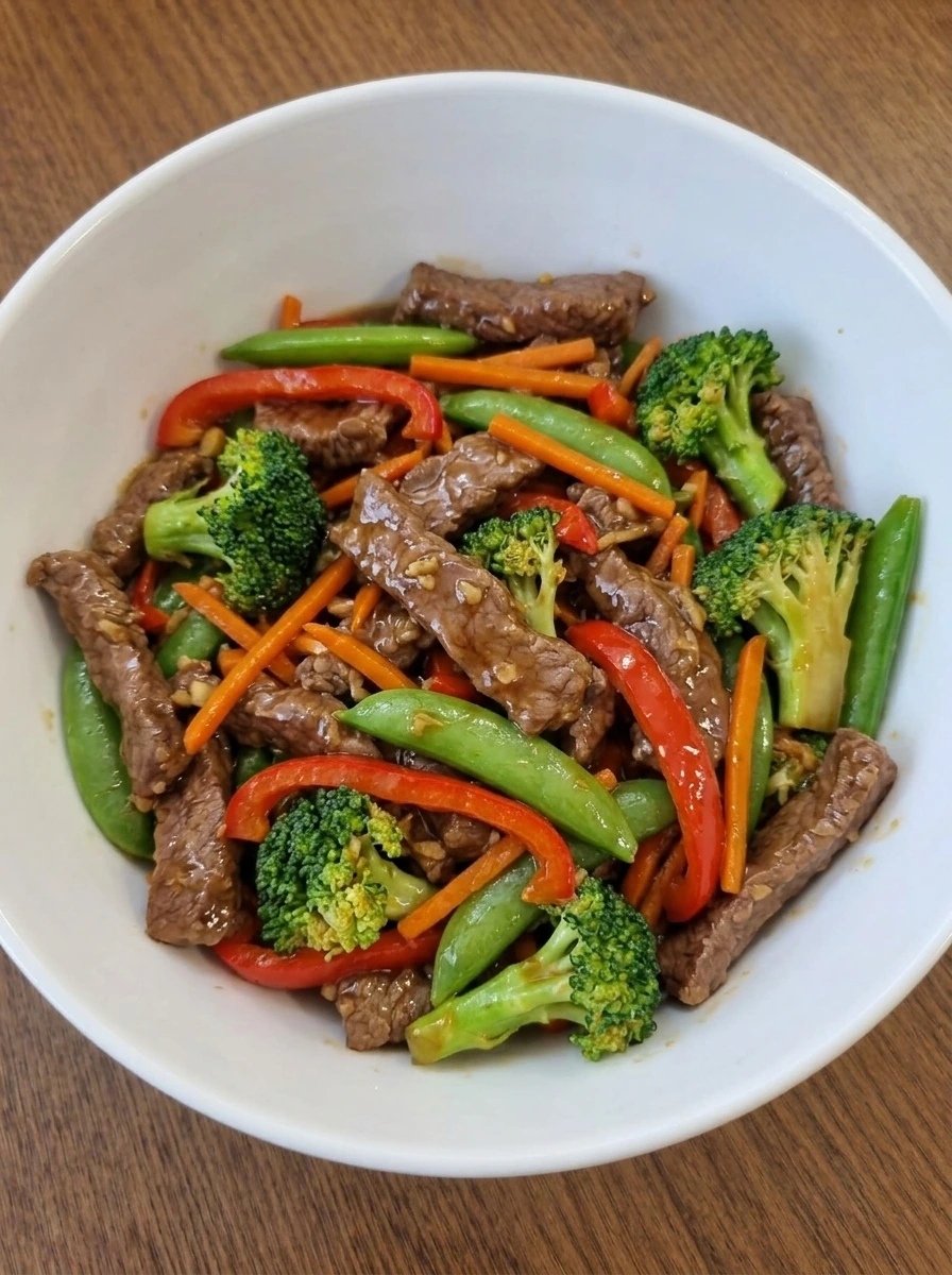 Cooked beef stir fry tossed together with glossy sauce in a bowl