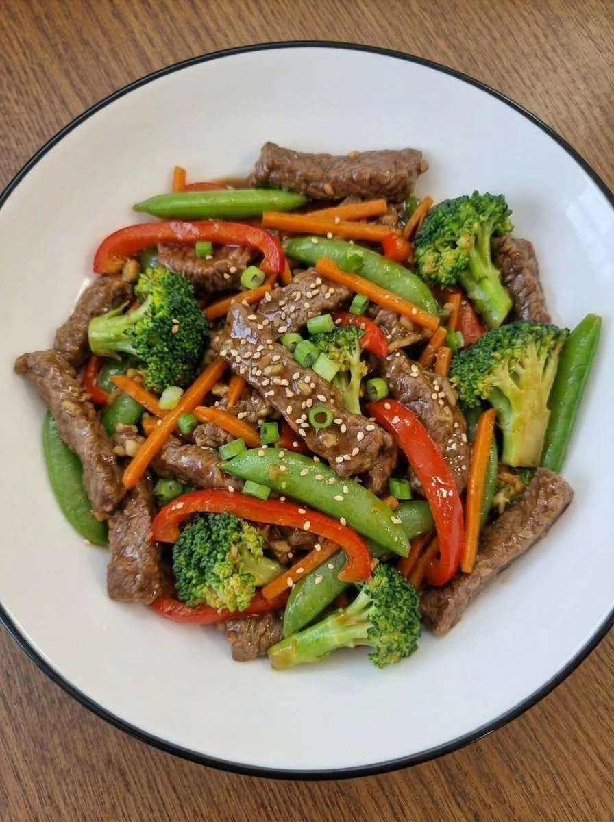 Plated easy beef stir fry with vegetables, green onions, and sesame seeds