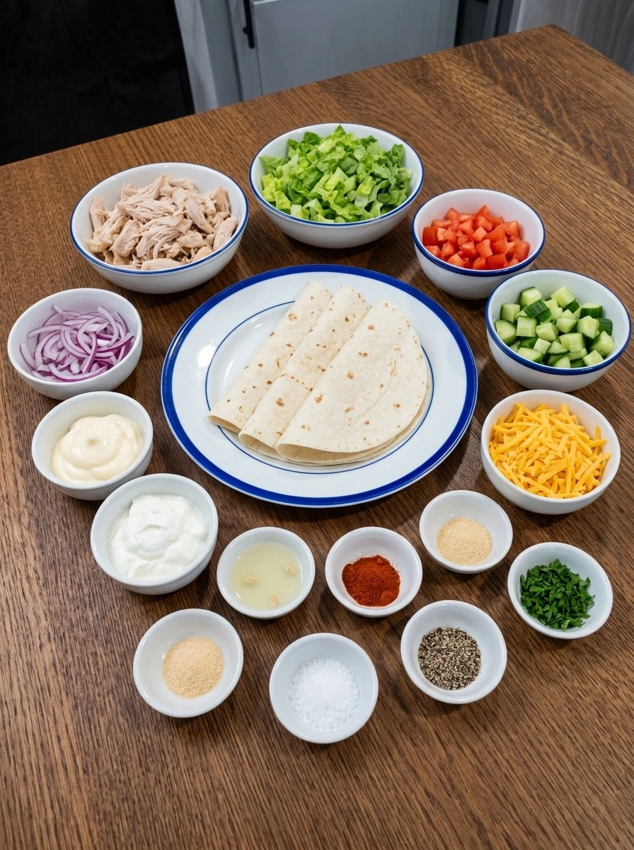 Ingredients for easy chicken wrap arranged separately in bowls and plates