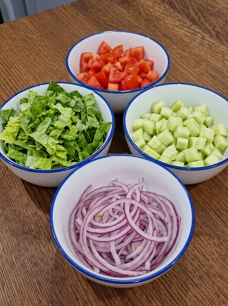 Fresh chopped vegetables prepared for easy chicken wrap
