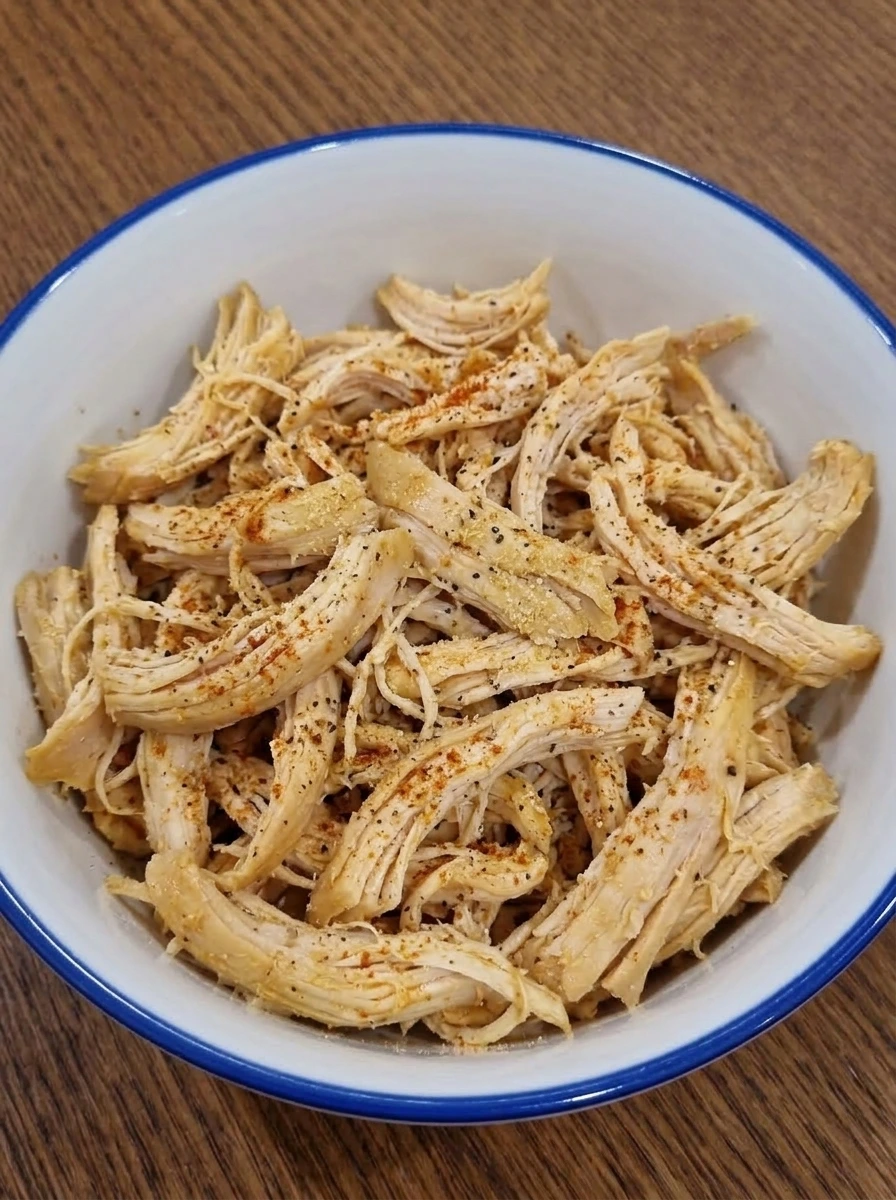 Seasoned shredded chicken in a bowl for easy chicken wrap