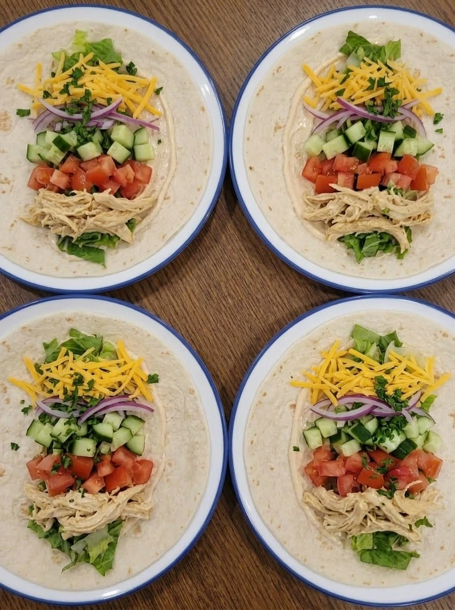 Chicken wraps filled with chicken vegetables and cheese before rolling
