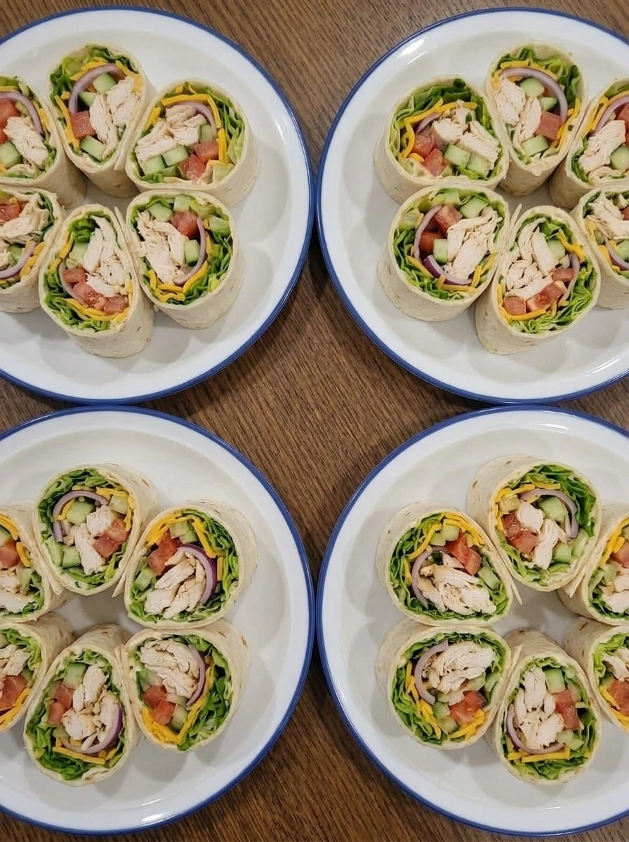 Rolled and sliced easy chicken wraps showing the filling