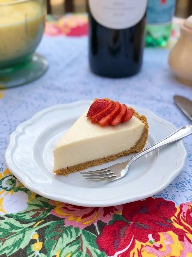 Easy no bake cheesecake with strawberry topping on a white scalloped ceramic dessert plate