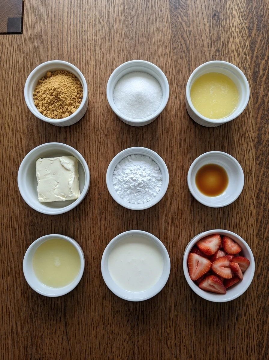 Measured ingredients for easy no bake cheesecake in separate white bowls and ramekins
