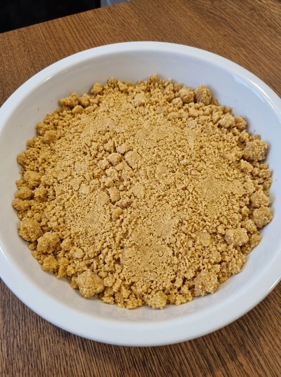 Moistened graham cracker crumb mixture in a white ceramic pie dish